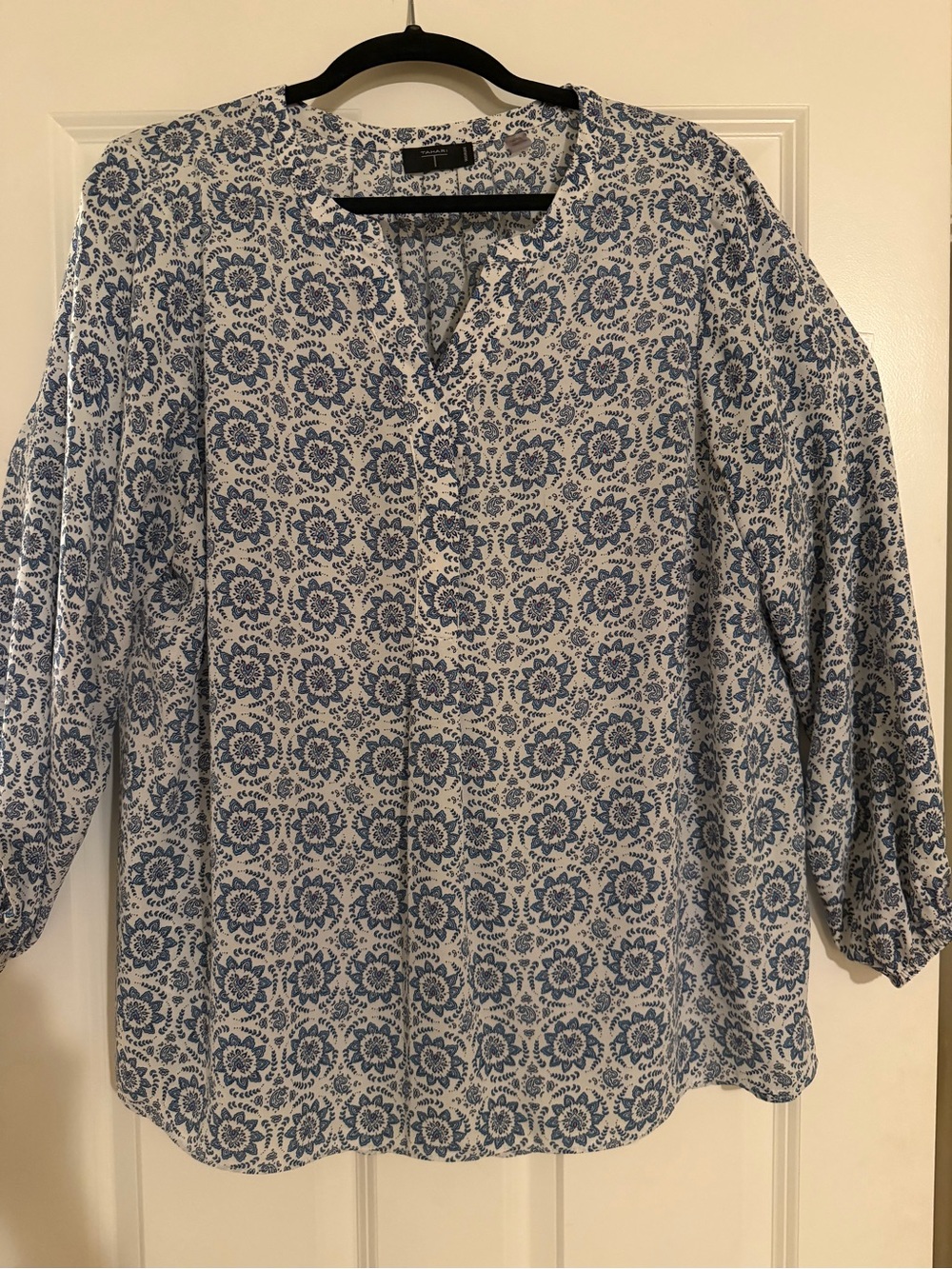 Tahari Blue and White Floral Split-Neck Blouse